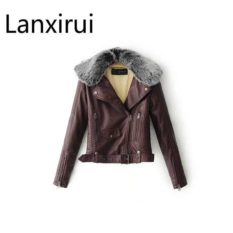 Lanxirui-女性の革の毛皮の襟付きのベーシックな黒のコート,Puの衣服