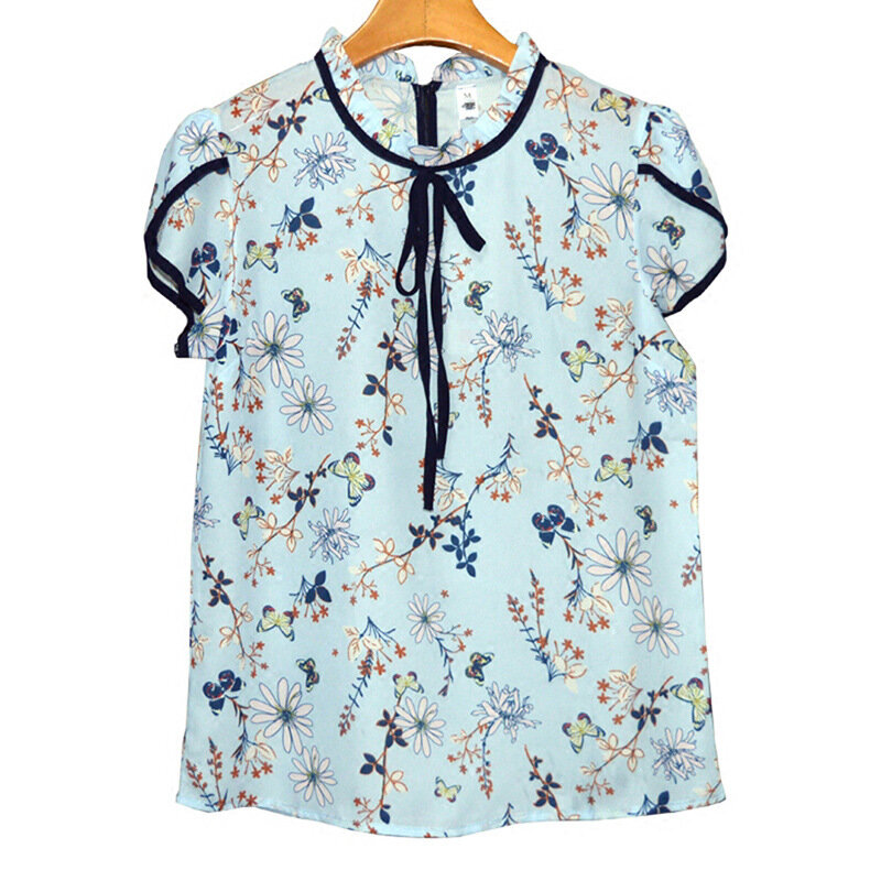 여성 짧은 소매 인쇄 쉬폰 셔츠 여름 대형 여성 나비 매듭 탑 여성 레저 패션 블라우스 셔츠 H9058