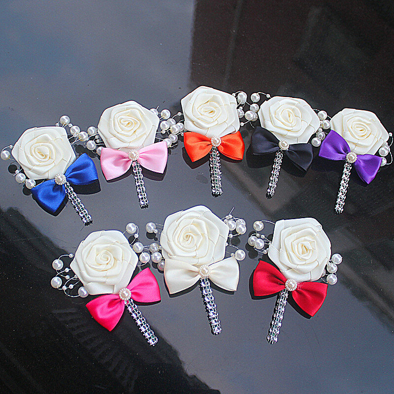 Broche de fleurs de rose ivoire pour hommes, nœud orange, boutonnière de corsage de mariage, perle de marié, vente en gros, X8715
