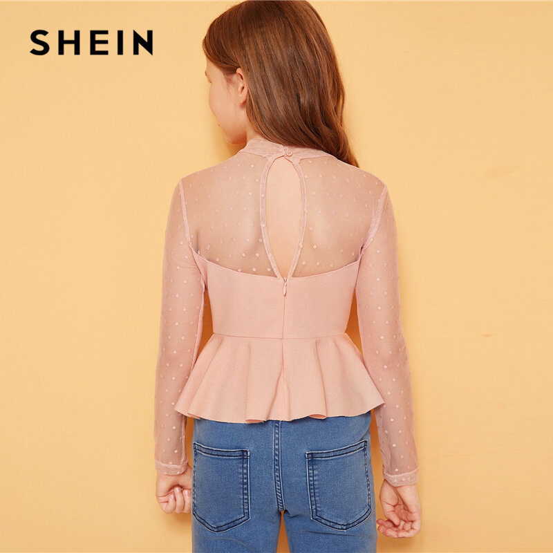 Shein kiddie 스탠드 칼라 도트 메쉬 sweetheart peplum tops for girls 2019 여름 긴 소매 슬림 피트 sheer girls blouses