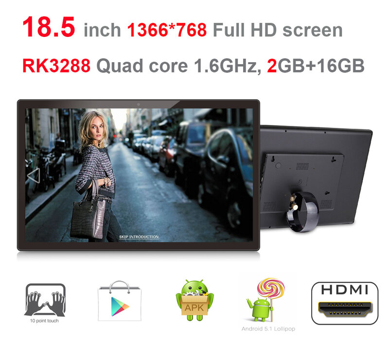 مُحدثة-شاشة لمس اندرويد 18.5 بوصة الكل في واحد بي سي-كشك-آلة إعلانية (Rockchip3288 رباعية النواة ، 2 جيجابايت DDR3 ، 16 جيجابايت ، كاميرا ، VESA)