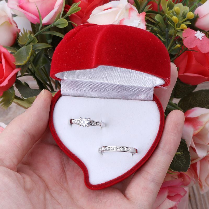 Boîte à Double anneaux de mariage en velours en forme de cœur, présentoir à bijoux en forme de Rose rouge