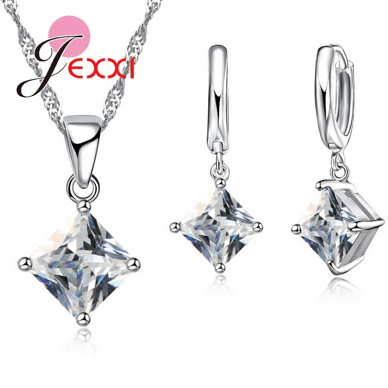 Conjunto de collar y pendientes de plata de ley 925 para mujer, conjunto de joyería de cristal cuadrado claro, colgante bonito, 8 colores