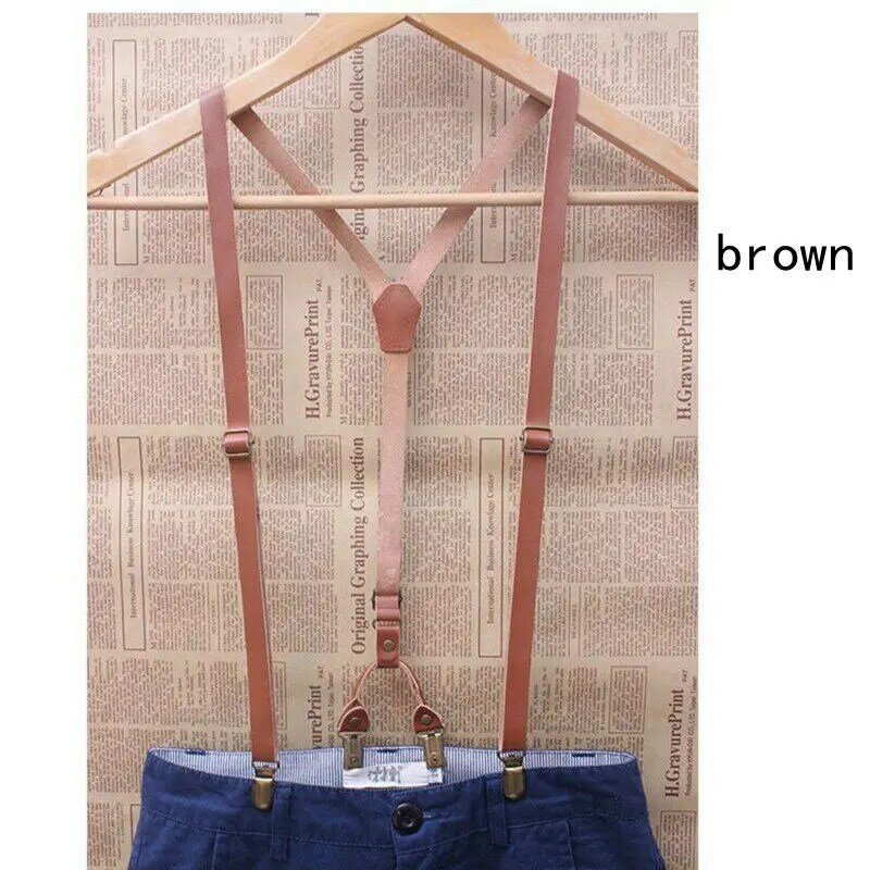 Yienws Lederen Bretels voor Mannen Vrouwen Bruin Vintage Bretels met 4 Clip Brons Broek Bretels Bretelles YiA150