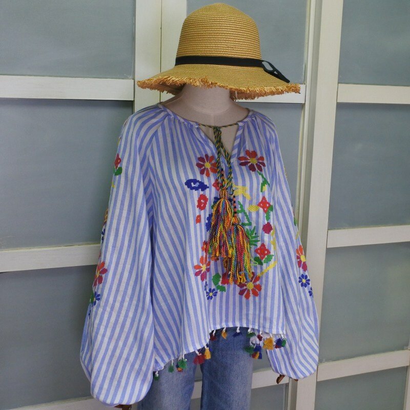 Camisa bordada Vintage para mujer, Túnica holgada de manga larga con cordones y flecos, blusa étnica de algodón blanco, ropa de verano