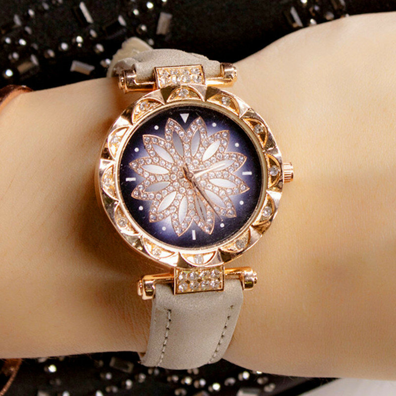 Reloj de lujo de cielo estrellado con diamantes de oro rosa para mujer, reloj de pulsera de cuarzo con banda de cuero informal para mujer, reloj para mujer, zegarek damski