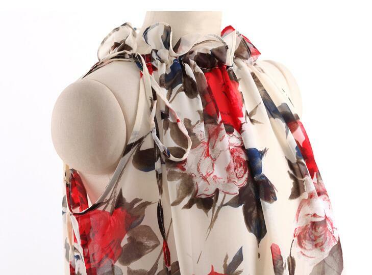 Gkfnmt-Blusa de gasa sin mangas para mujer, camisa femenina de cuello alto con volantes y estampado Floral, talla XXL, 2018