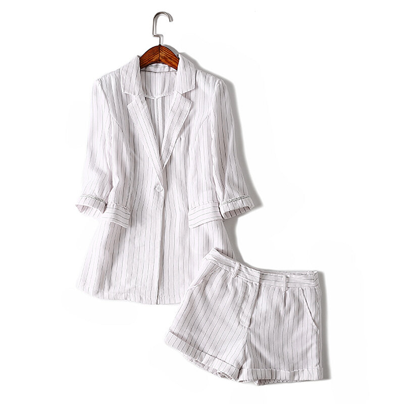 Conjunto de duas peças feminino de linho, blazers listrados e casuais com bolsos, shorts, 2 cores, tecido de alta qualidade, novo, moda 65%, 2018