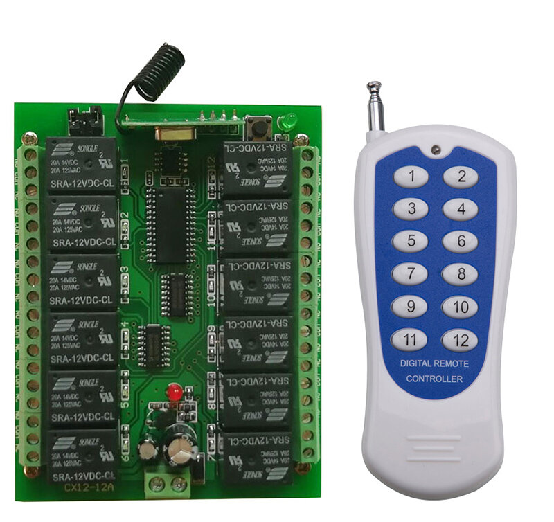 Interruptor com controle remoto sem fio, 12v, 12 canais, 12ch, rf, sistema transmissor e receptor, relé 315/433 mhz