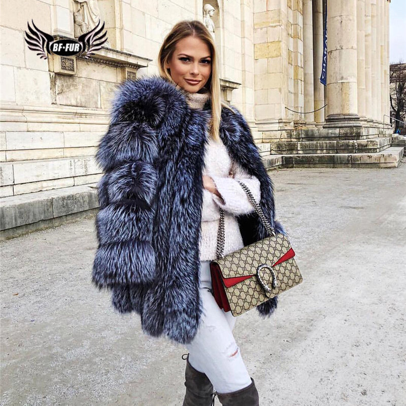 2019 BFFUR luksusowe damskie płaszcze zimowe grube ciepłe srebrne futra lisa modna odzież cała skóra prawdziwa futrzana kurtka Casual płaszcz z prawdziwego futra