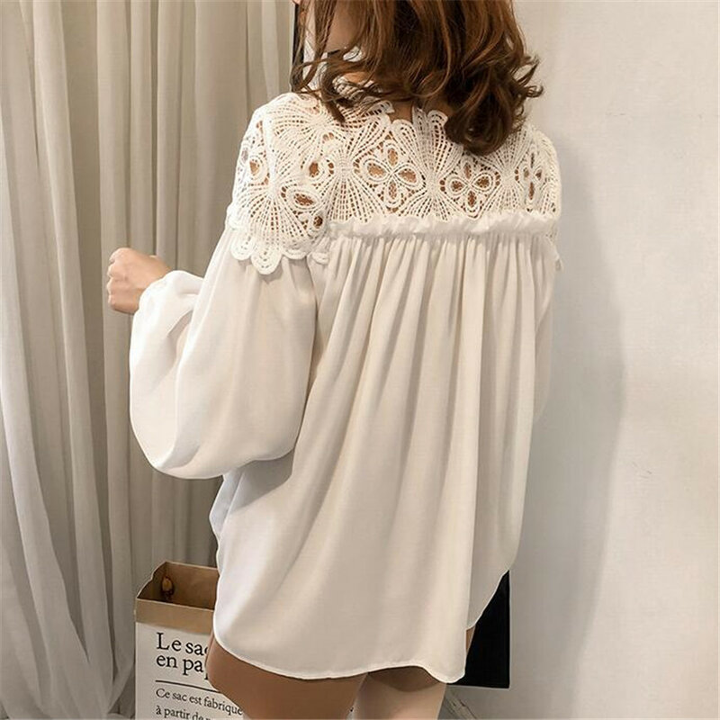 Women Chiffon Blouse Tops Spring Autumn Loose White Lace Blouses Female Long Sleeve Shirt Hollow Out OL Shirts Plus Size AB724