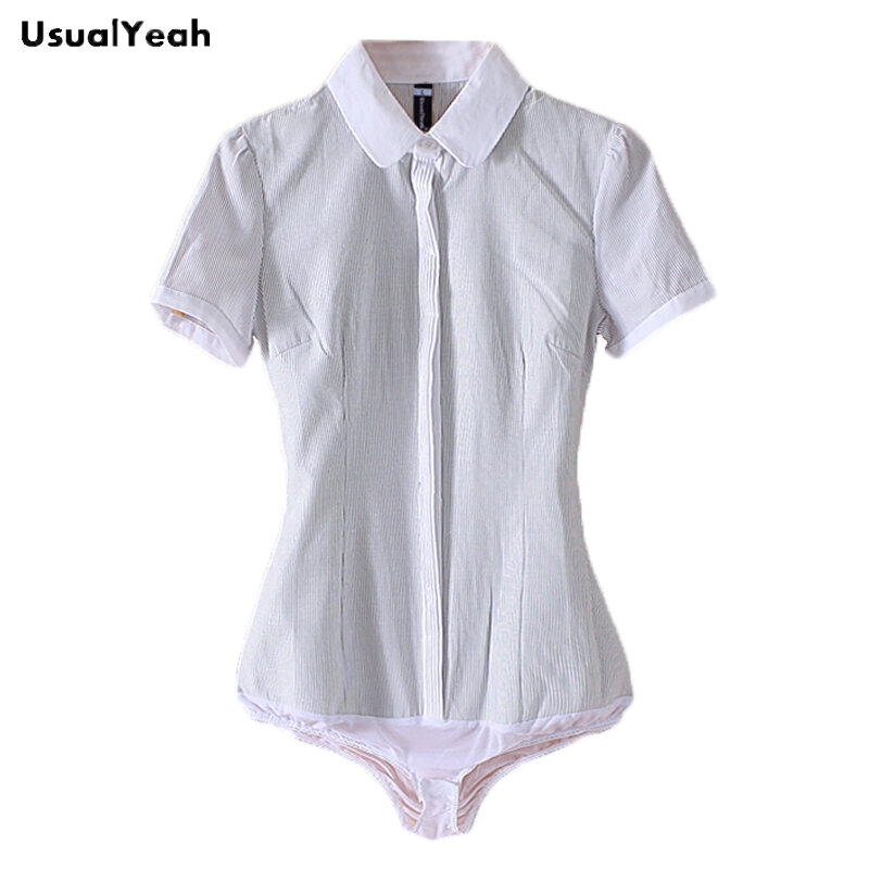 UsualYeah New Women formalna, krótka koszulka z krótkim rękawem blusas femininas Plus rozmiar biurowa, damska bluzka z krótkim rękawem koszule Body z białymi paskami