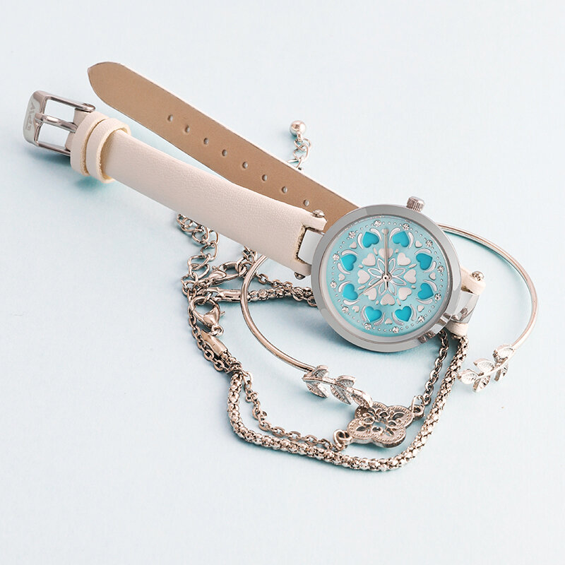 Marca de lujo de las mujeres conjunto de relojes regalo joyería personalidad romántico reloj de pulsera de cuero de diseñador de diamantes de imitación señoras reloj