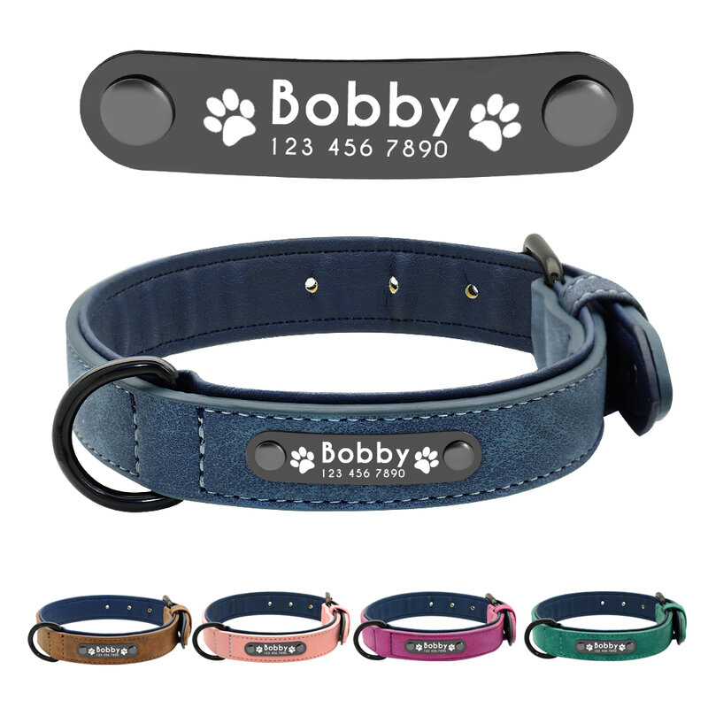 Dog Collar de couro personalizado, etiquetas de identificação personalizadas para cães pequenos, médios e grandes, Pitbull, Bulldog, Beagle