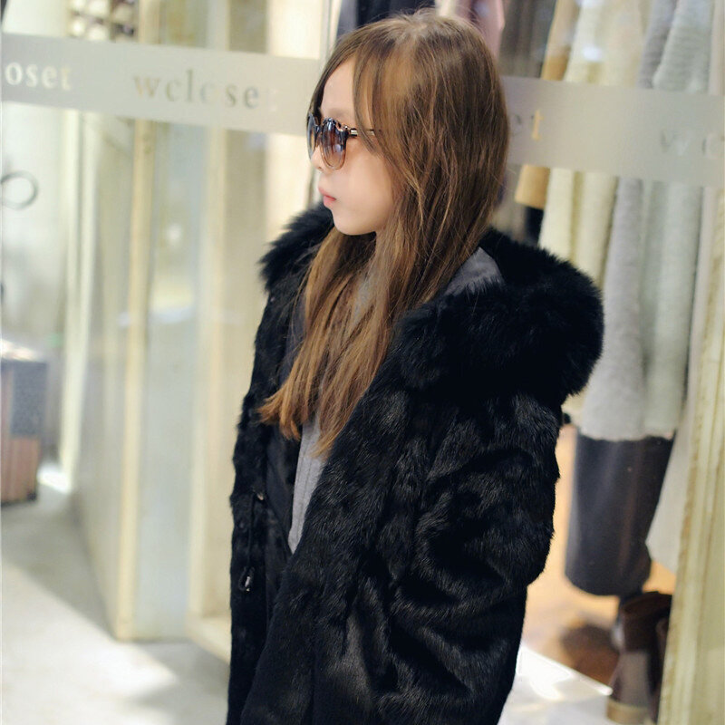 Jkp nova moda de inverno das crianças casacos de pele de coelho natural grosso quente comprimento médio da menina real pele macia outerwear casaco com capuz