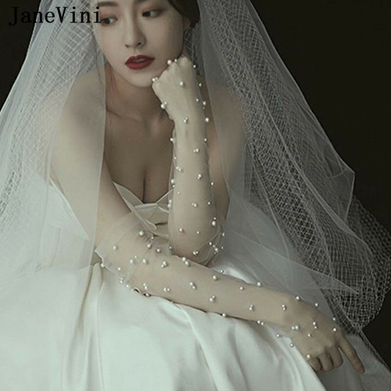 Janevini luva de noiva feminina, luva longa elegante branca de tule puro, pérolas sem dedos para casamento 2019