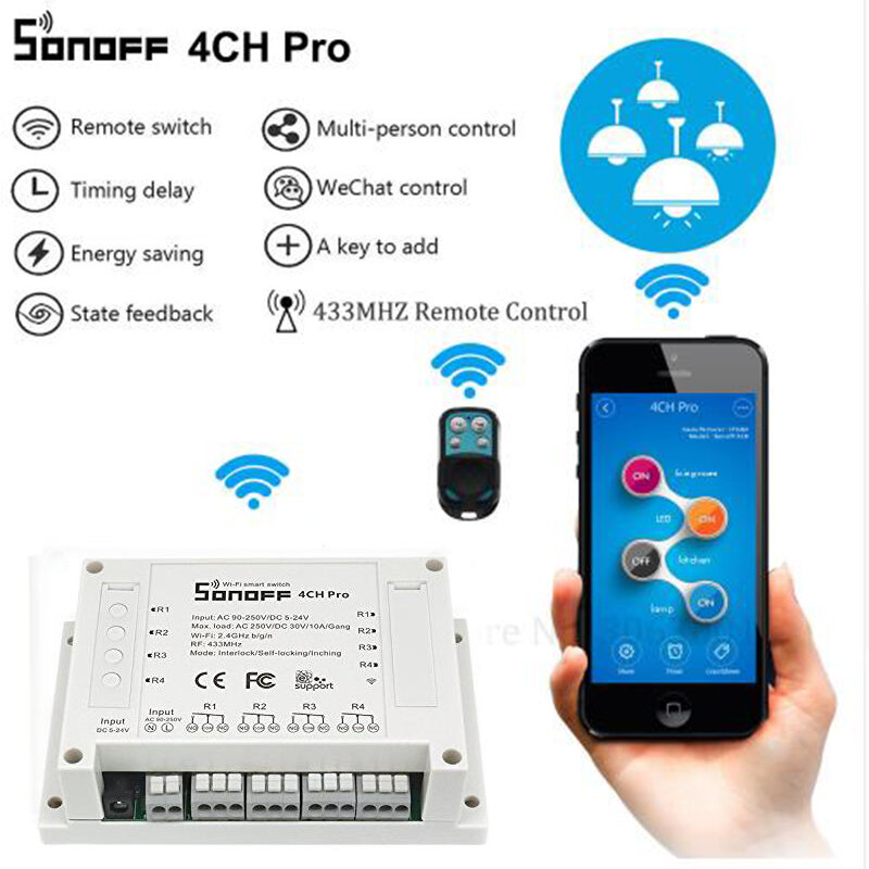 Sonoff 4CH Pro R2, смарт-переключатель Wi-Fi 433 MHz РФ Wi-Fi выключатель света 4 Gang 3 режима работы толчковой Блокировка умный дом с Alexa