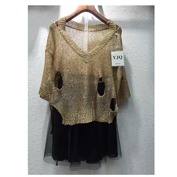 Женская трикотажная рубашка Cakucool, с золотистым люрексом, с вырезами, с полурукавами, свободная, повседневная, прозрачная, летняя