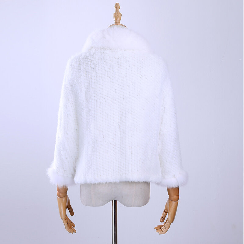 Free Shipping New Genuine Knitted Mink Fur Shawl Wrap Cape with Fox fur collar Triming women Lady mink fur coat Jacket Stole