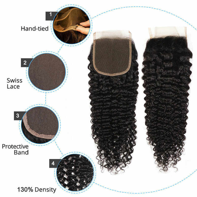 Aplique de cabelo encaracolado brasileiro, cabelo humano com fecho crespo, fechamento de laço, 8 a 30 polegadas