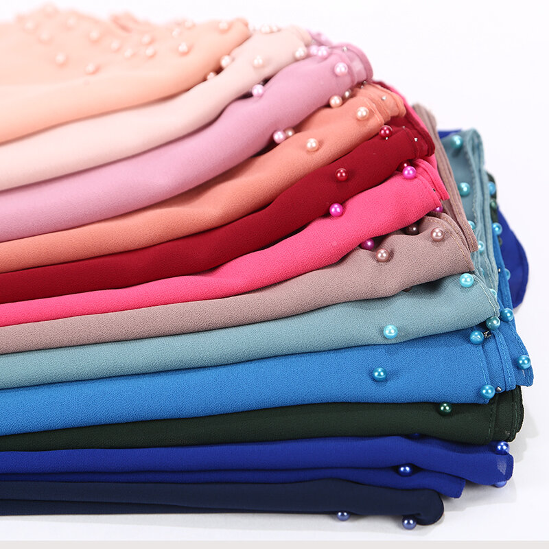 Bufanda de gasa con perlas de Color sólido, chales lisos, Hijab musulmán, 20 colores, 180x75cm, 1 unidad