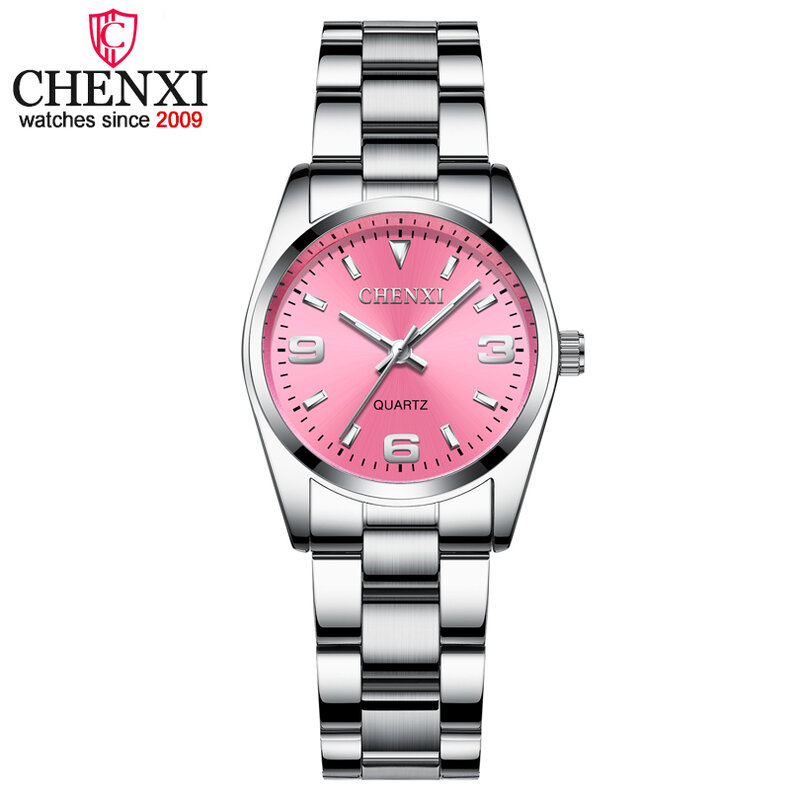 Chenxi Mode rosa Zifferblatt Uhren für Frauen hochwertige Quarzuhr elegantes Kleid Damen Edelstahl Armbanduhren xfcs