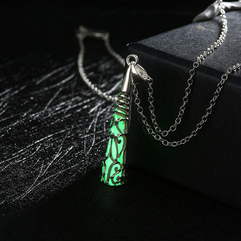 Free Shipping Glow In The Dark Silver Plated luminous Stone Cone Engraved Decorative Pattern Pendant Necklace for Party Women
