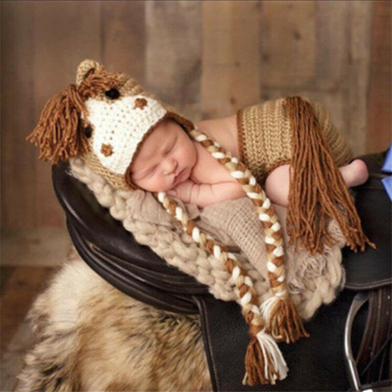Boné de bebê cervos artesanal, fantasia de crochê, conjunto de chapéus e calças de malha, adereços para fotografia, bonés