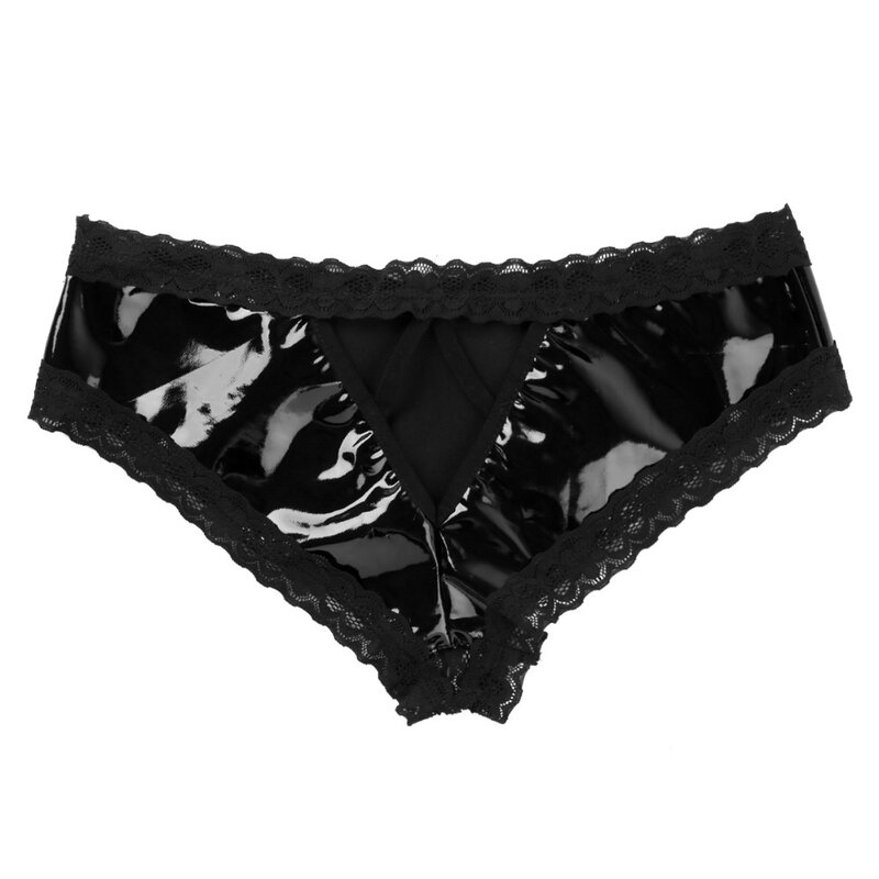UK สต็อกเซ็กซี่กางเกงผู้หญิง Femme ชุดชั้นใน Wetlook สิทธิบัตรหนัง Lace เปิด Crotch รู V-Back MINI กางเกงสุภาพสตรีชุดชั้นใน