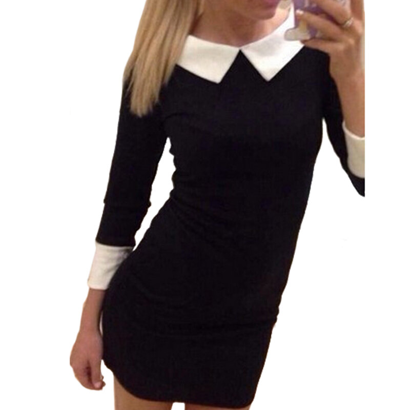 Clearance Sale Fashion Casual Solid Long Sleeve Turn-down Collar Slim Fit Dress Black Red Purple  Women