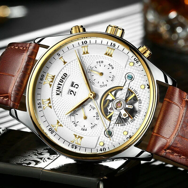 Kinyued Mechanical Watch Men Tourbillon Automatic Self-wind Waterproof Gold Hand Watches Skeleton Male Leather Strap Wristwatch