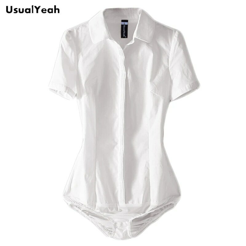 Usualyes-Body Formal de manga corta para mujer, blusas femeninas de talla grande, blusas de oficina, Bodi de rayas blancas