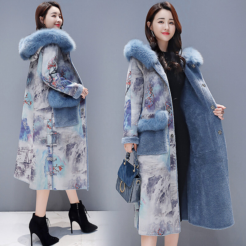 Abrigo de piel de zorro para mujer, chaqueta gruesa y cálida de pelo medio largo, abrigo de piel de zorro plateado, traje de nieve para invierno, novedad de 2020