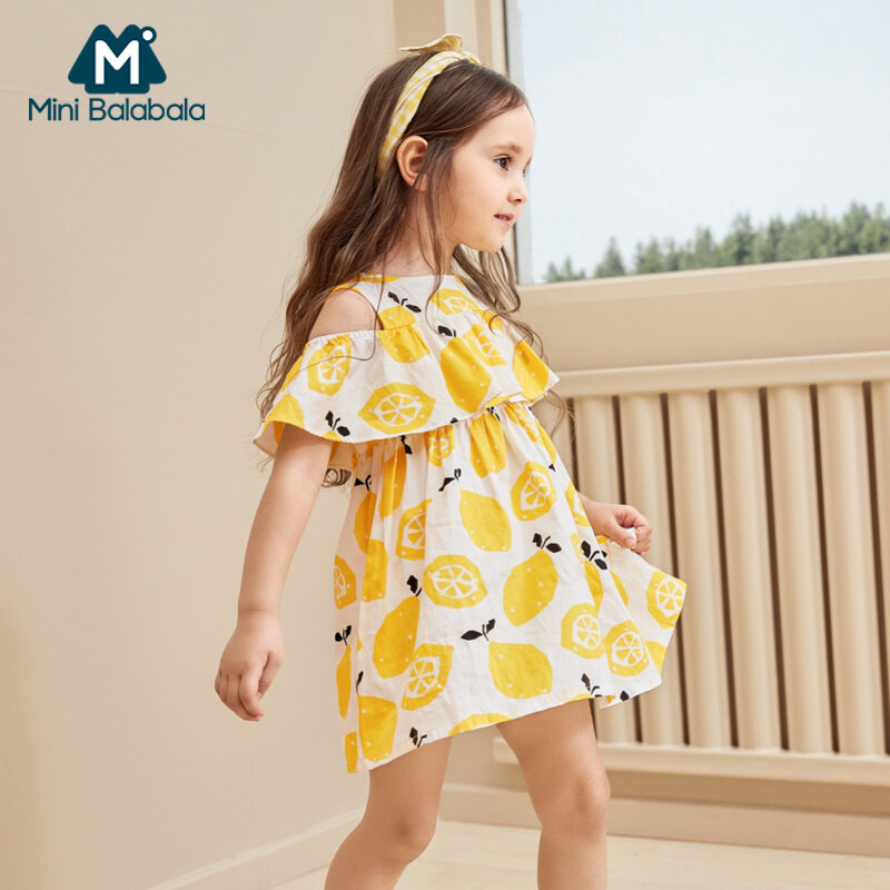 MiniBalabala/платье с открытыми плечами из 100% хлопка для маленьких девочек; Детское летнее платье с оборками для девочек
