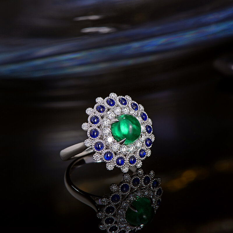 Caimao cabochon corte 1.85ct esmeralda natural 18k ouro branco auréola diamante safira anel de noivado para mulher
