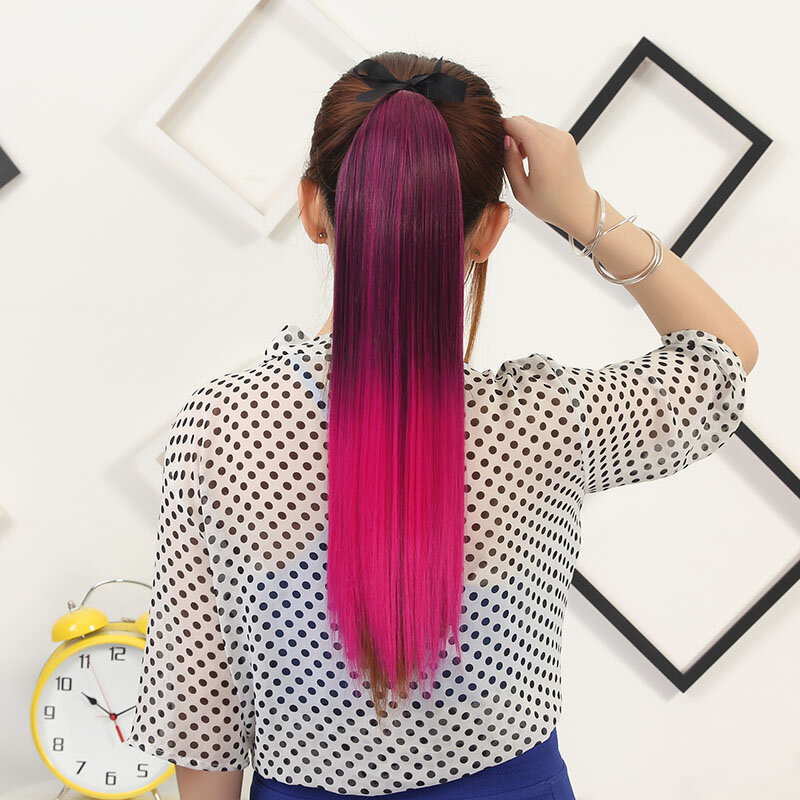Jeedou Synthetic Ponytails Colorful Ombre Color Hair Extension Ribbon Drawstring Straight Ponytail Cosplay Hairpiece Blue Pink