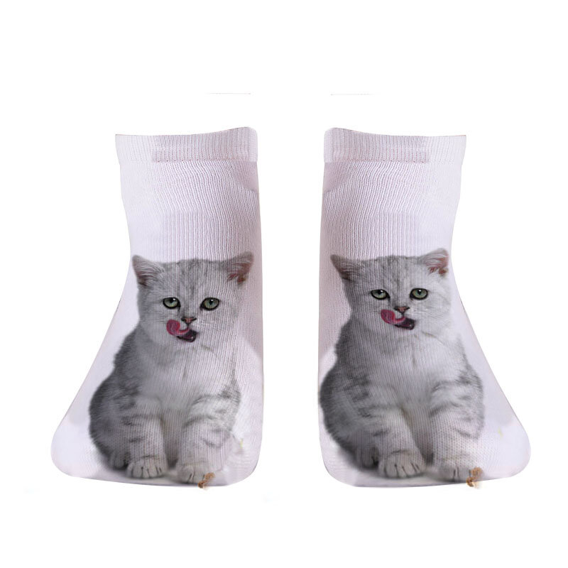 Meias de algodão impressas 3D unissex para mulheres, meias fofas do gato, meias engraçadas de Harajuku, meias curtas de animal dos desenhos animados, moda feminina