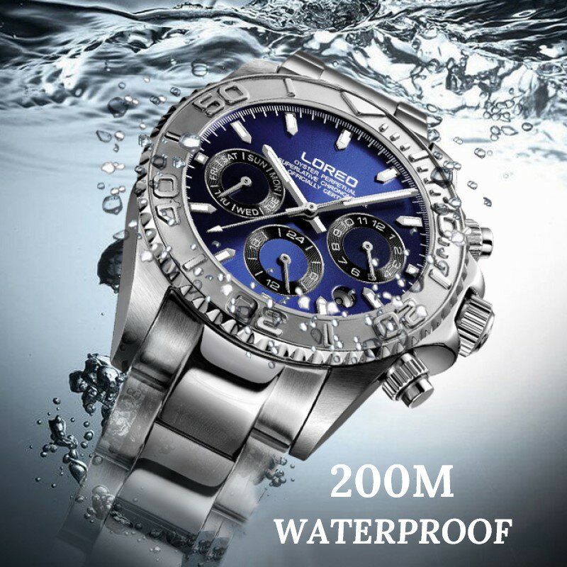 Водонепроницаемые мужские часы LOREO, водолазные автоматические часы с сапфировым стеклом, светящийся календарь, неделя, 24 часа, 200 м