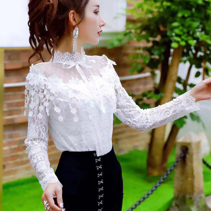 Spring Women Long Sleeve Shirt Sweet Tie Bow  Floral Lace Blouse Female Hollow Out Tassel Mesh Blouses Blusas Short Tops AB1313