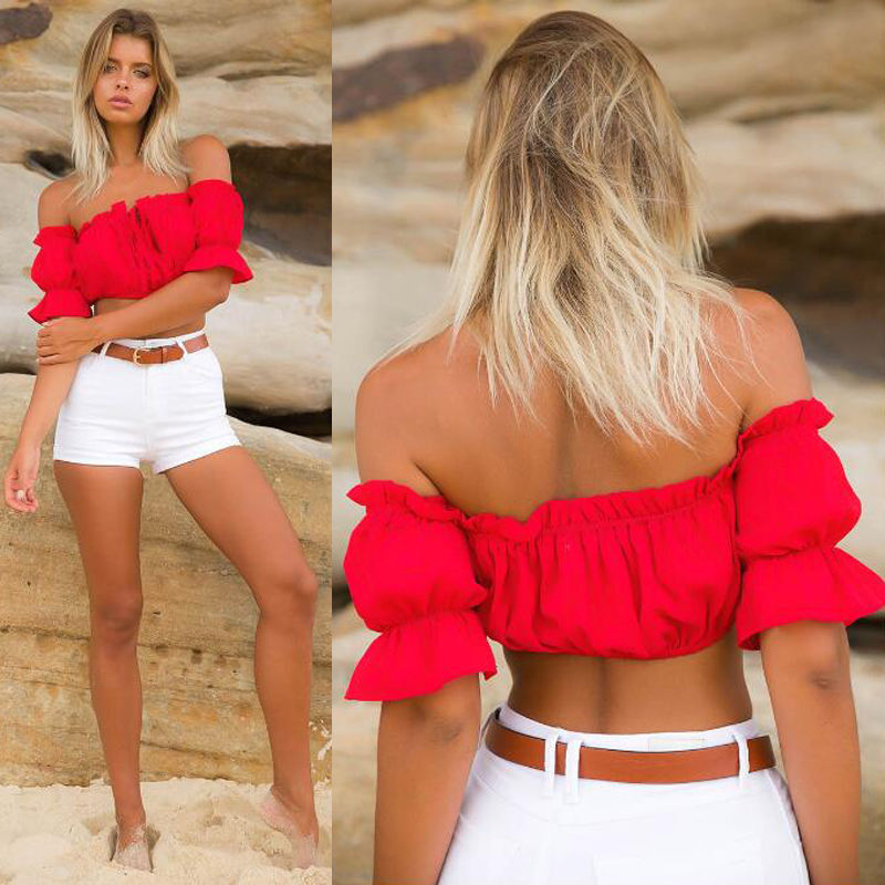 2017 New Fashion Women Ladies Off Shoulder Crop Blouses Shirts Summer Ruffle Solid Short Blouses Hot Sales