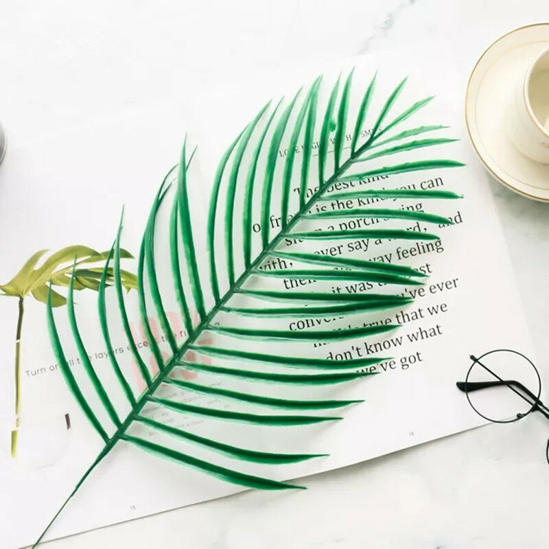 Folhas falsas de plástico verde, folhas de palmeira, estilo ilha diy, decoração de casamento, plantas verdes, adereços de foto, festa de dez, 5 peças
