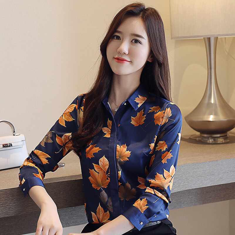 Camisa elegante de gasa con estampado de arce para mujer, blusa informal de manga larga, estilo coreano, talla grande, 2019