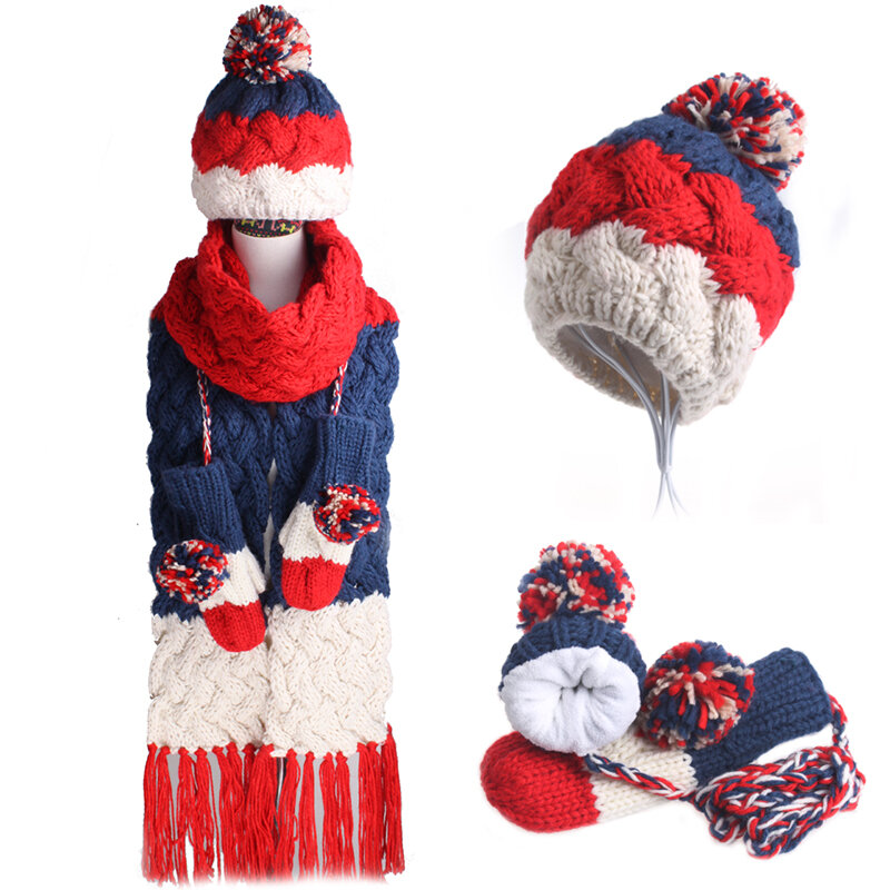 Модный подарок, теплый комплект, женские вязаные перчатки, шапка, шарф, шарф для девушек, красочные шали с кисточками, шапки с помпонами, бархатные утепленные варежки SH176