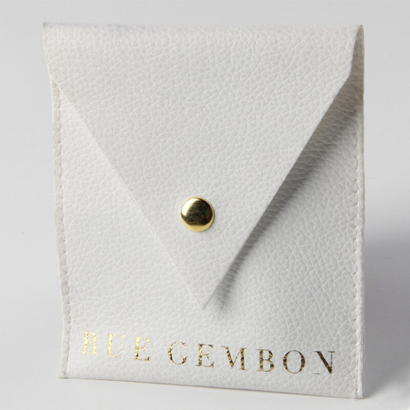 Bolsa de cuero PU para joyería, bolsa de embalaje con botón a presión, collar, anillo con logotipo, venta al por mayor