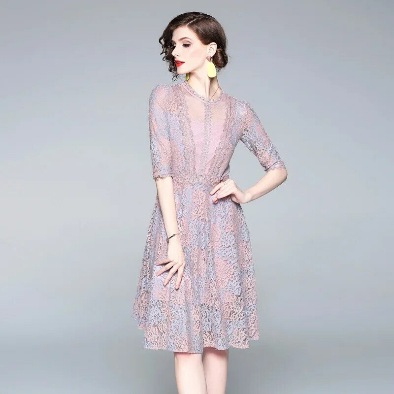 2023 더블 컬러 레이스 섹시한 메쉬 중간 길이 A자형 드레스, 유럽과 미국 유명 여성 드레스, 여름 신상