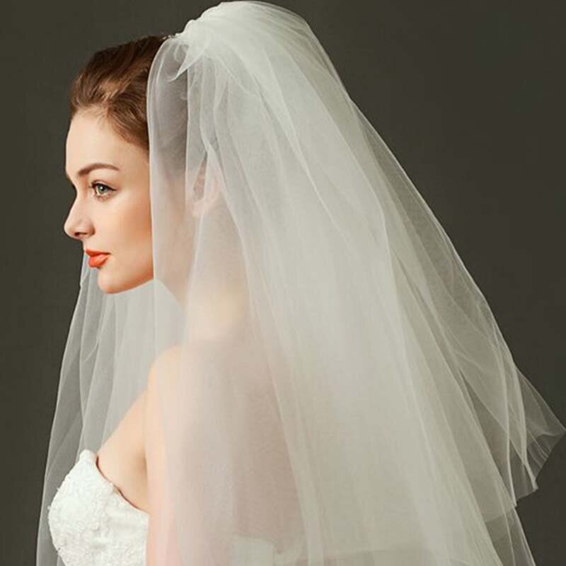 Kerudung pernikahan pengantin romantis sederhana Tulle putih gading dua lapis hiasan kepala pita tepi Aksesori pengantin murah