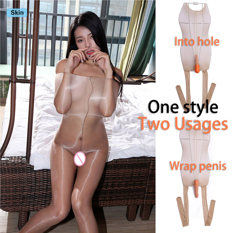 Women Sexy 1D Oil Shine Super High Waist Sheer To Chest Pantyhose Bodystockings with Penis Cover or Into Hole Sheath Two Usages