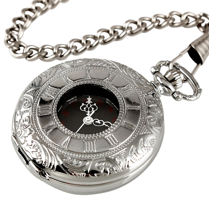 Vintage srebrny Hollow okrągły Case cyfry rzymskie czarna tarcza kwarcowy zegarek kieszonkowy