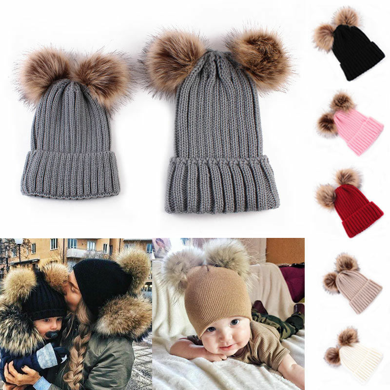 Emmababy 2017 Family Matching Hats Winter Knit Warm Soft Beanie Hat  Kids Baby Toddler Boy Girl & Mom Hairball Hat