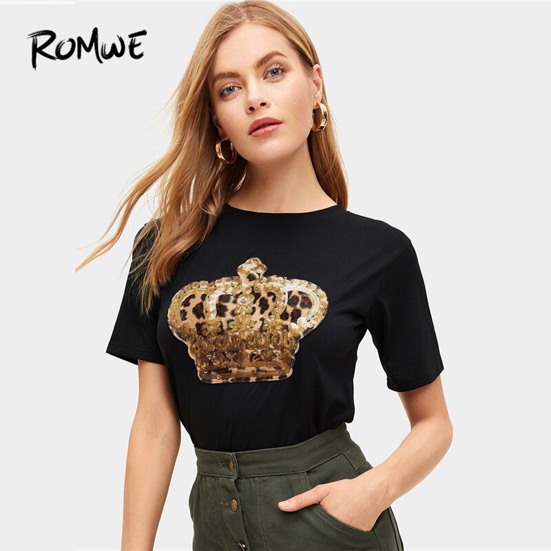 ROMWE contraste lentejuelas y leopardo Tee 2019 negro Comfrotable mujeres de manga corta Camiseta nuevo diseño verano cuello redondo Tops
